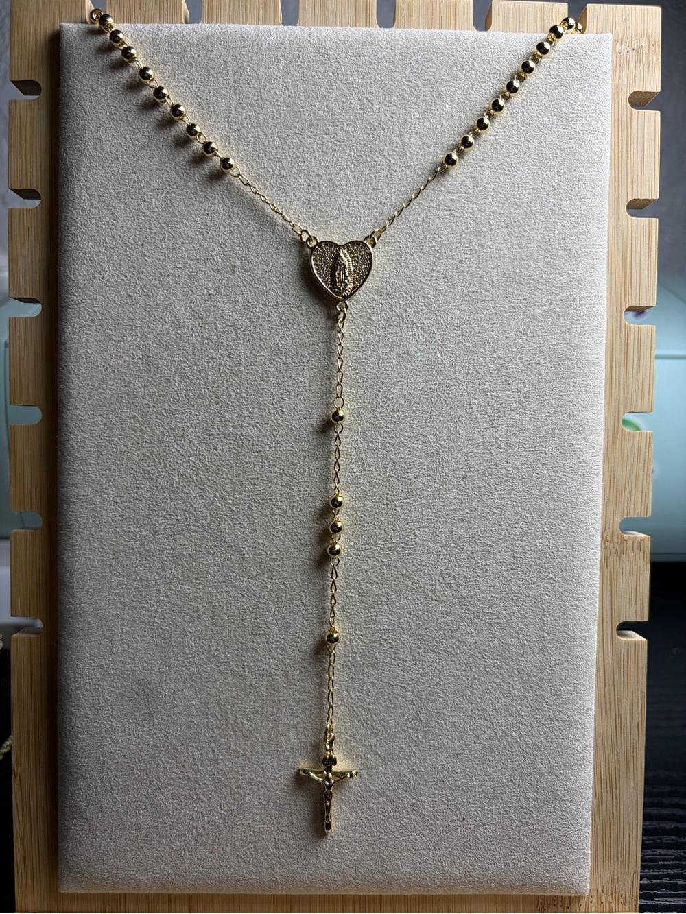 Gold Rosary Y Necklace with Heart Medallion
